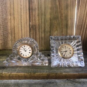 Set of 2 Small Miniature 3” Lead Crystal Desk Clocks Mantle Clocks